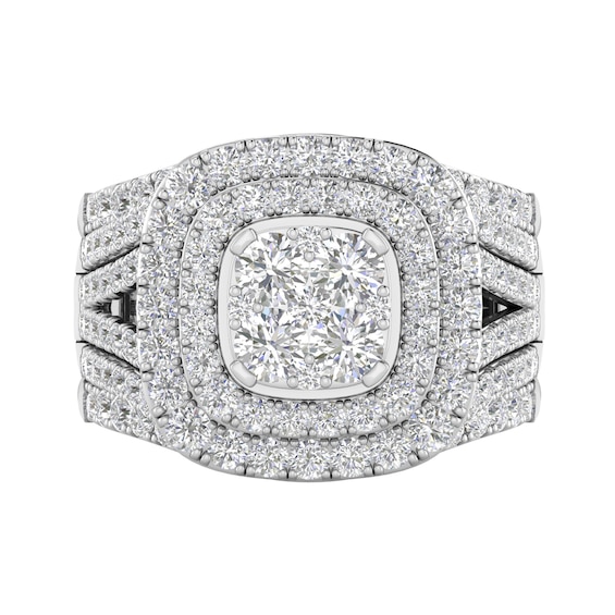 2-1/2 CT. T.w. Cushion Multi-Diamond Double Frame Multi-Row Split Shank Three Piece Bridal Set in 10K White Gold