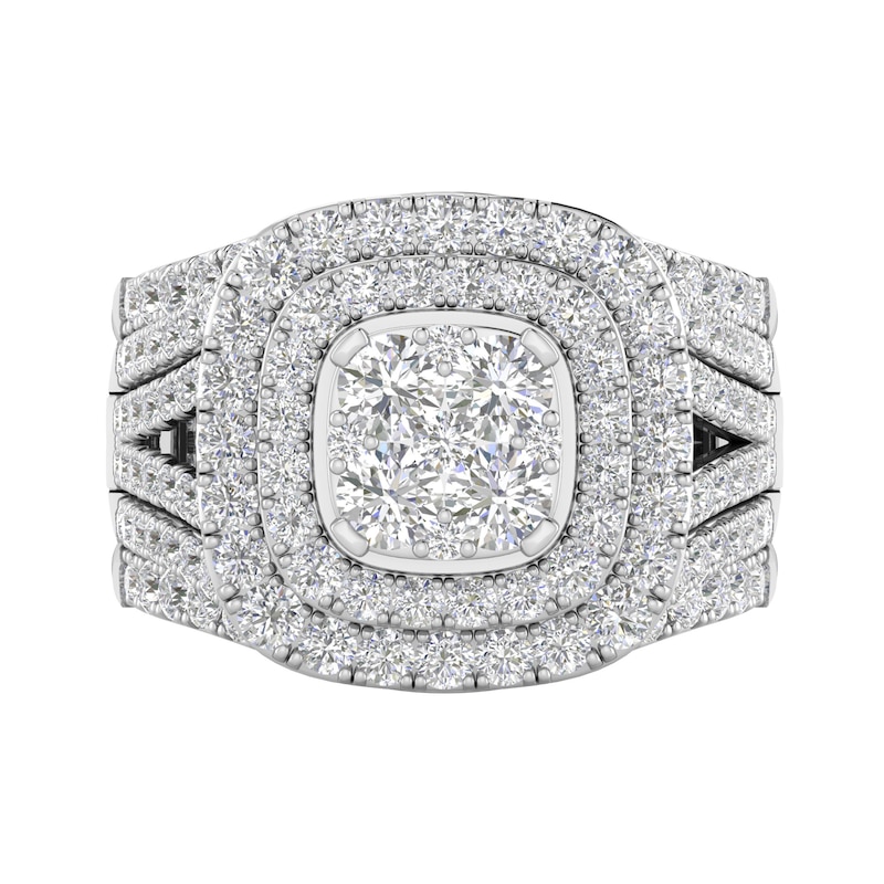Main Image 1 of 2-1/2 CT. T.W. Cushion Multi-Diamond Double Frame Multi-Row Split Shank Three Piece Bridal Set in 10K White Gold