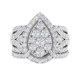 2-1/2 CT. T.W. Pear Multi-Diamond Frame Multi-Row Vintage-Style Three Piece Bridal Set in 10K White Gold