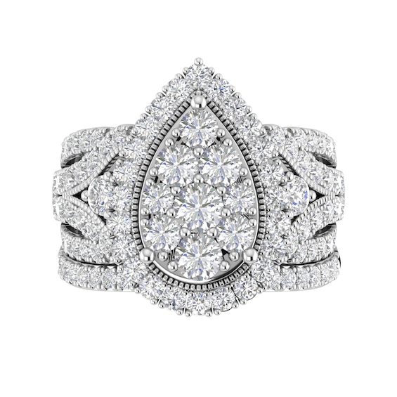 2-1/2 CT. T.w. Pear Multi-Diamond Frame Multi-Row Vintage-Style Three Piece Bridal Set in 10K White Gold