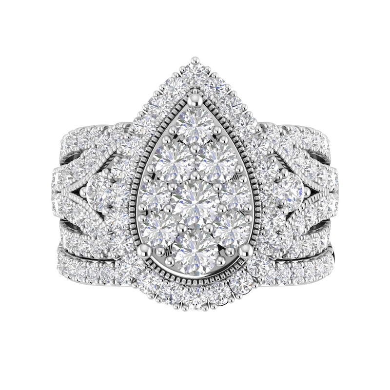 Main Image 1 of 2-1/2 CT. T.W. Pear Multi-Diamond Frame Multi-Row Vintage-Style Three Piece Bridal Set in 10K White Gold