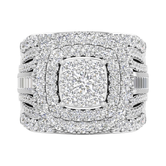 3 CT. T.w. Cushion Multi-Diamond Double Frame Multi-Row Three Piece Bridal Set in 10K White Gold