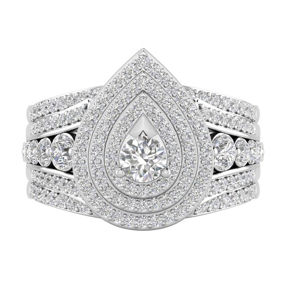 1-3/4 CT. T.w. Diamond Multi-Row Teardrop Frame Three Piece Bridal Set in 10K White Gold