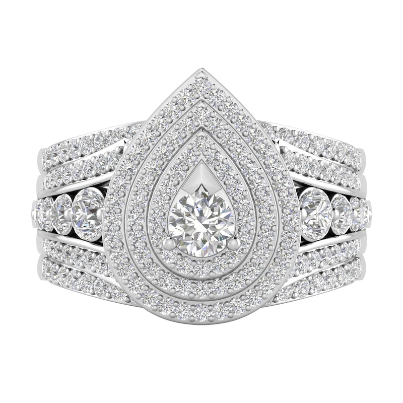 Main Image 1 of 1-3/4 CT. T.W. Diamond Multi-Row Teardrop Frame Three Piece Bridal Set in 10K White Gold