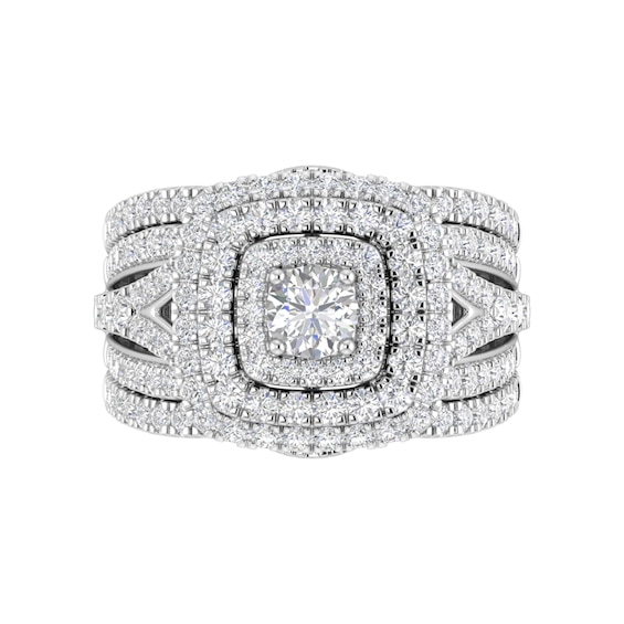 1-3/4 CT. T.w. Diamond Cushion Multi-Row Frame Split Shank Three Piece Bridal Set in 10K White Gold