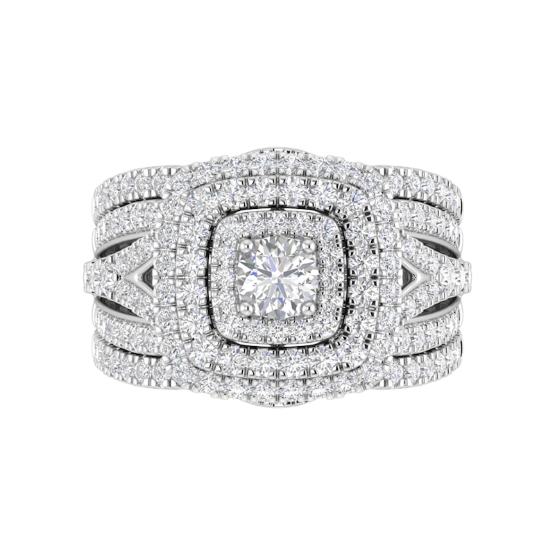 Main Image 1 of 1-3/4 CT. T.W. Diamond Cushion Multi-Row Frame Split Shank Three Piece Bridal Set in 10K White Gold