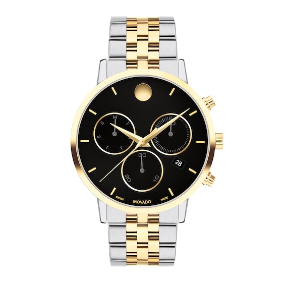 Men's Movado MuseumÂ® Classic Two-Tone PVD Chronograph Watch with Black Dial and Date Window (Model: 0607777)