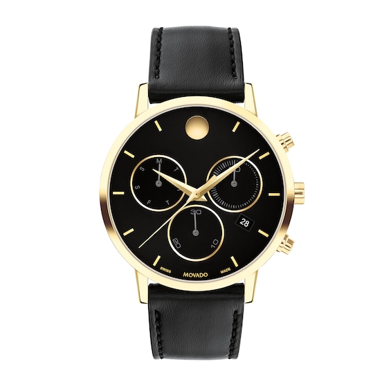 Men's Movado MuseumÂ® Classic Gold-Tone PVD Chronograph Strap Watch with Black Dial and Date Window (Model: 0607779)