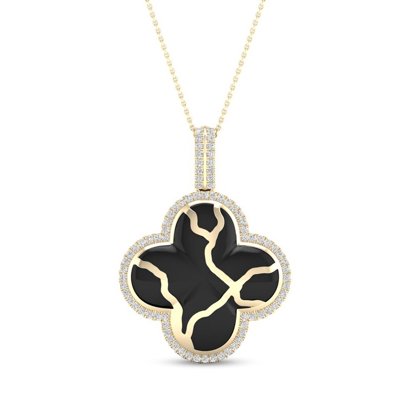 Main Image 1 of 1/4 CT. T.W. Diamond Edge Clover Black Kintsugi-Style Pendant in 10K Gold with Ceramic