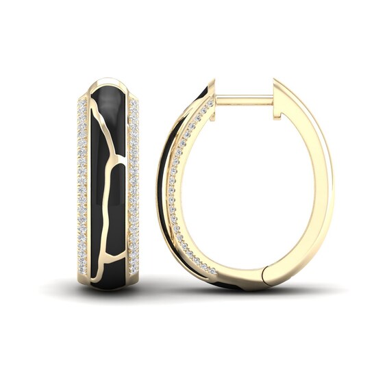 1/4 CT. T.w. Diamond Edge Black Kintsugi-Style Hoop Earrings in 10K Gold with Ceramic