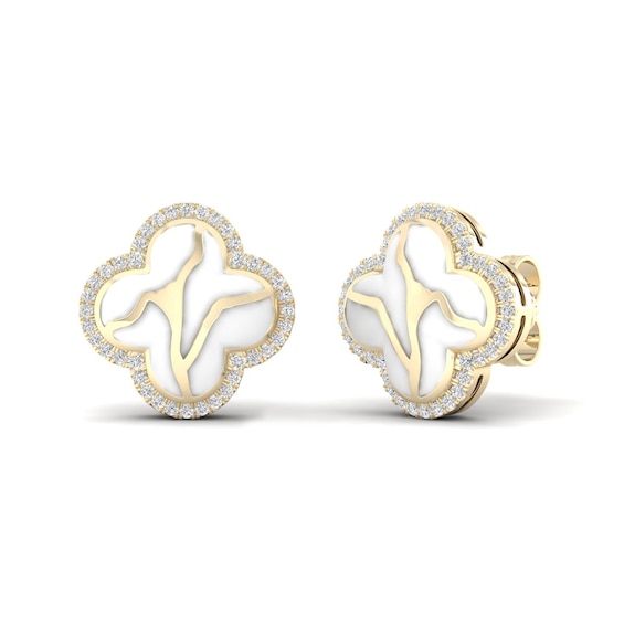 1/4 CT. T.w. Diamond Edge White Kintsugi-Style Clover Stud Earrings in 10K Gold with Ceramic