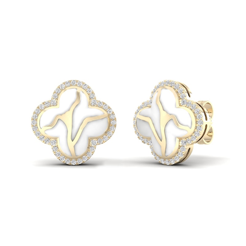1/4 CT. T.W. Diamond Edge White Kintsugi-Style Clover Stud Earrings in 10K Gold with Ceramic