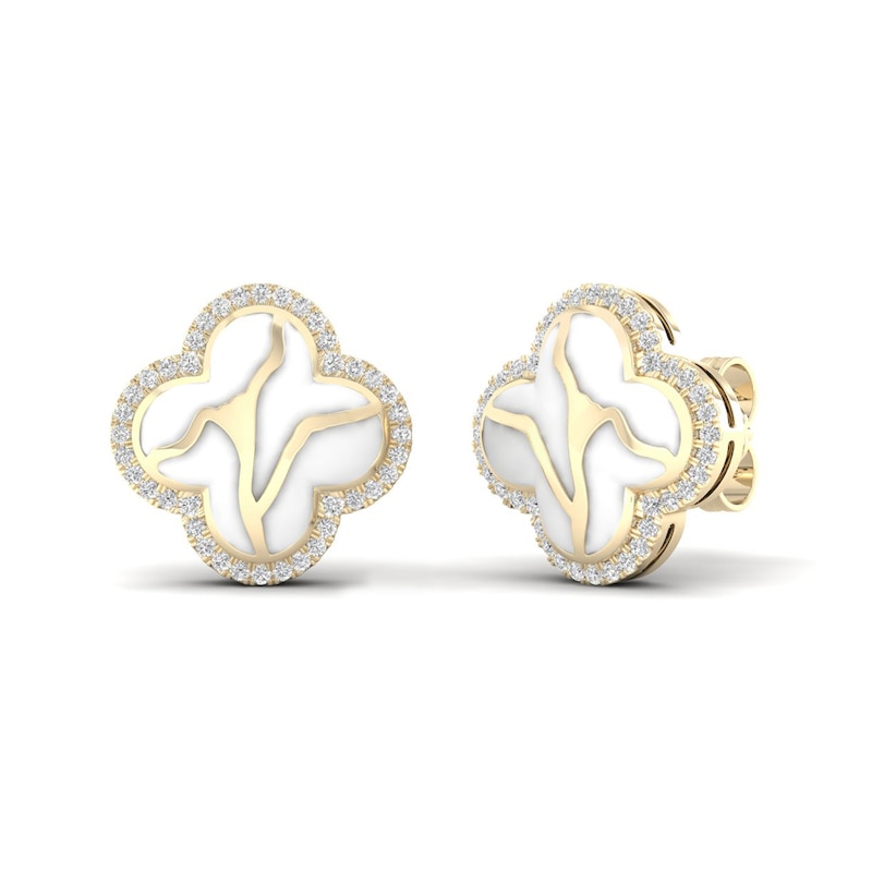 Main Image 1 of 1/4 CT. T.W. Diamond Edge White Kintsugi-Style Clover Stud Earrings in 10K Gold with Ceramic