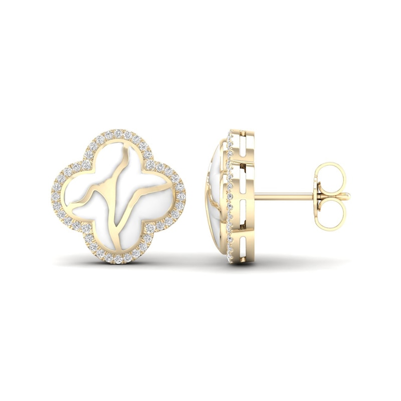 1/4 CT. T.W. Diamond Edge White Kintsugi-Style Clover Stud Earrings in 10K Gold with Ceramic