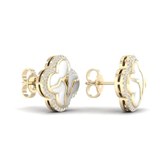 1/4 CT. T.w. Diamond Edge White Kintsugi-Style Clover Stud Earrings in 10K Gold with Ceramic