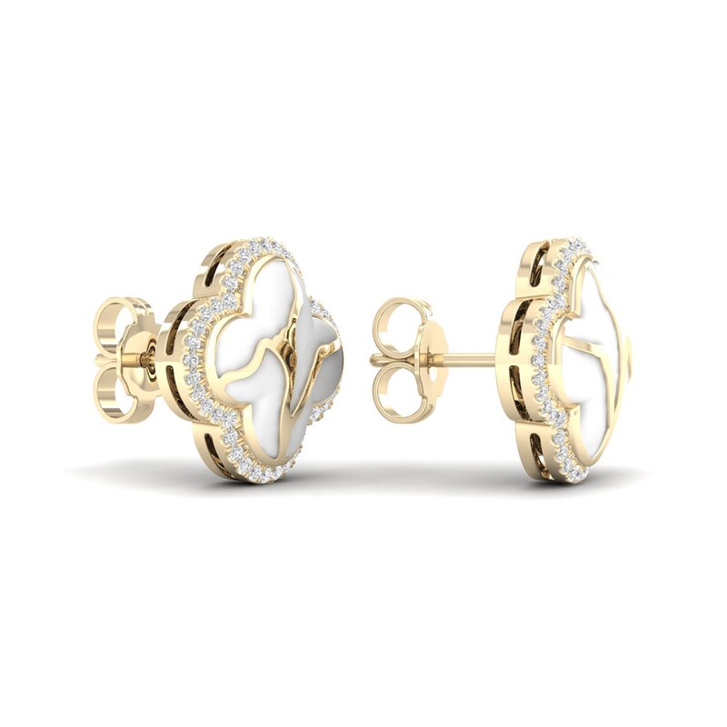 Main Image 3 of 1/4 CT. T.W. Diamond Edge White Kintsugi-Style Clover Stud Earrings in 10K Gold with Ceramic