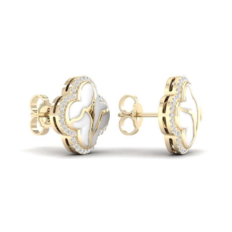 1/4 CT. T.W. Diamond Edge White Kintsugi-Style Clover Stud Earrings in 10K Gold with Ceramic