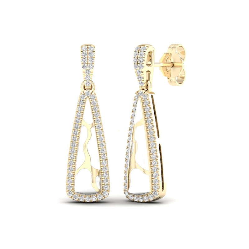 Main Image 1 of 1/4 CT. T.W. Diamond Edge Elongated Triangle White Kintsugi-Style Drop Earrings in 10K Gold with Ceramic