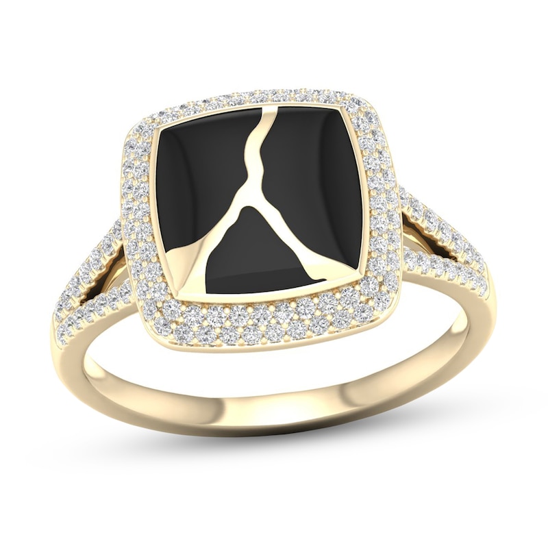 Main Image 1 of 1/3 CT. T.W. Diamond Edge Square Black Kintsugi-Style Ring in 10K Gold with Ceramic