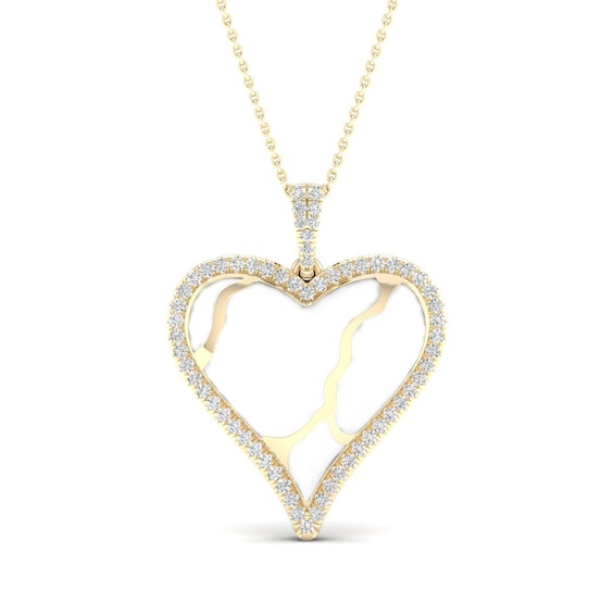 1/4 CT. T.w. Diamond Edge Heart White Kintsugi-Style Pendant in 10K Gold with Ceramic