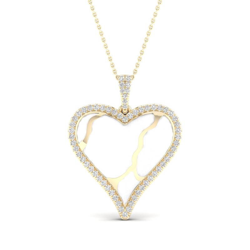 1/4 CT. T.W. Diamond Edge Heart White Kintsugi-Style Pendant in 10K Gold with Ceramic
