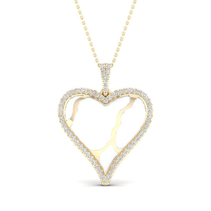 Main Image 1 of 1/4 CT. T.W. Diamond Edge Heart White Kintsugi-Style Pendant in 10K Gold with Ceramic