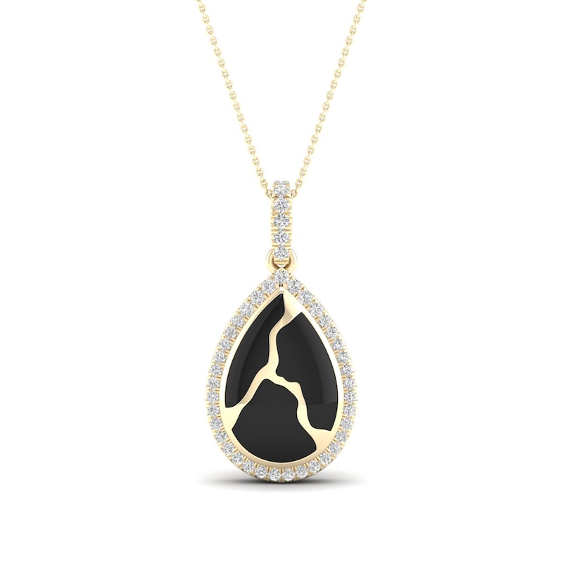 Main Image 1 of 1/6 CT. T.W. Diamond Edge Teardrop Black Kintsugi-Style Pendant in 10K Gold with Ceramic