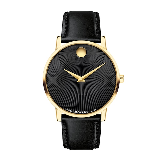 Men's Movado MuseumÂ® Classic Gold-Tone PVD Black Strap Watch with Burst Black Dial (Model: 0607799)