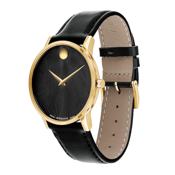 Men's Movado MuseumÂ® Classic Gold-Tone PVD Black Strap Watch with Burst Black Dial (Model: 0607799)