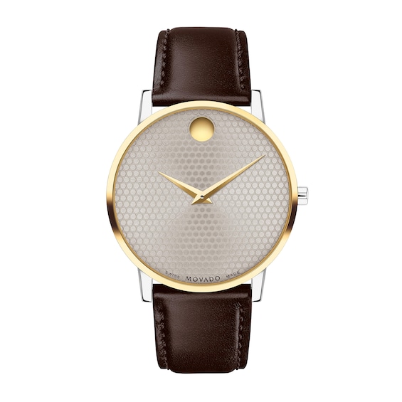 Men's Movado MuseumÂ® Classic Gold-Tone PVD Brown Strap Watch with Dotted Grey Dial (Model: 0607800)