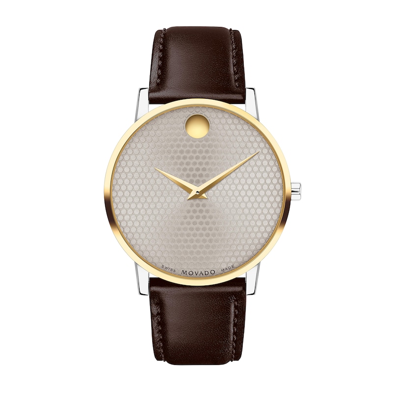 Main Image 1 of Men's Movado Museum® Classic Gold-Tone PVD Brown Strap Watch with Dotted Grey Dial (Model: 0607800)