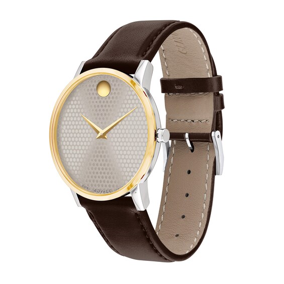 Men's Movado MuseumÂ® Classic Gold-Tone PVD Brown Strap Watch with Dotted Grey Dial (Model: 0607800)