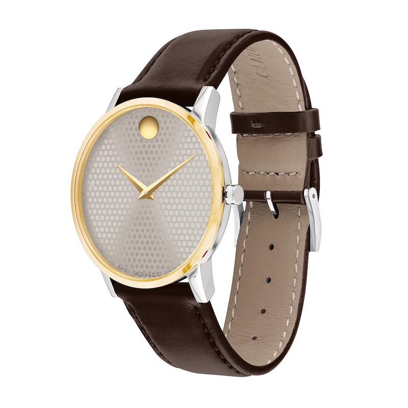 Main Image 2 of Men's Movado Museum® Classic Gold-Tone PVD Brown Strap Watch with Dotted Grey Dial (Model: 0607800)