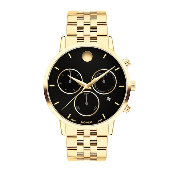 Men's Movado Museum® Classic Gold-Tone PVD Chronograph Watch with Black Dial and Date Window (Model: 0607810)