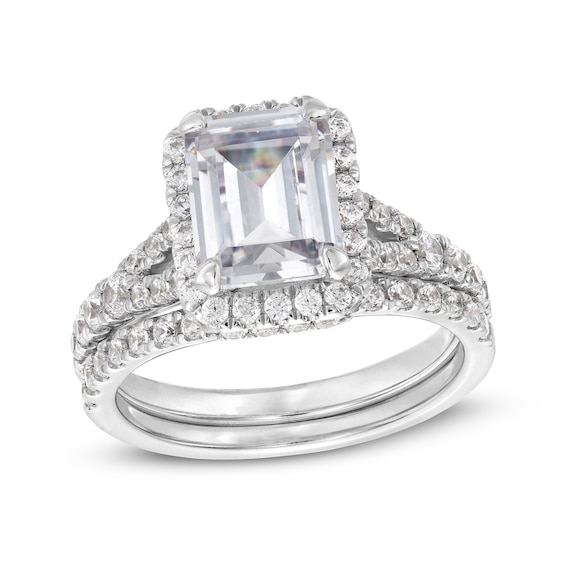 3 CT. T.w. Emerald-Cut Lab-Grown Diamond Frame Split Shank Bridal Set in 14K White Gold (I/Si2)