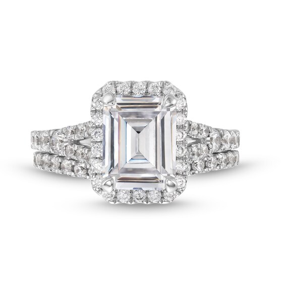 3 CT. T.w. Emerald-Cut Lab-Grown Diamond Frame Split Shank Bridal Set in 14K White Gold (I/Si2)