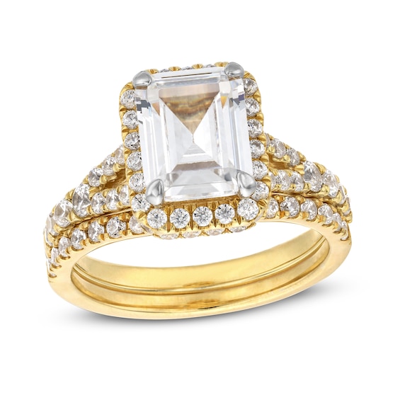 3 CT. T.w. Emerald-Cut Lab-Grown Diamond Frame Split Shank Bridal Set in 14K Gold (I/Si2)