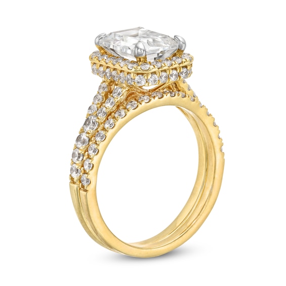 3 CT. T.w. Emerald-Cut Lab-Grown Diamond Frame Split Shank Bridal Set in 14K Gold (I/Si2)