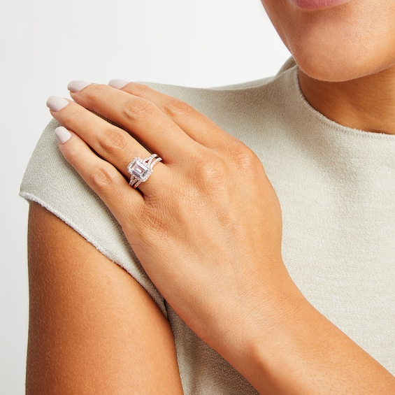3 CT. T.w. Emerald-Cut Lab-Grown Diamond Frame Split Shank Bridal Set in 14K Rose Gold (I/Si2)