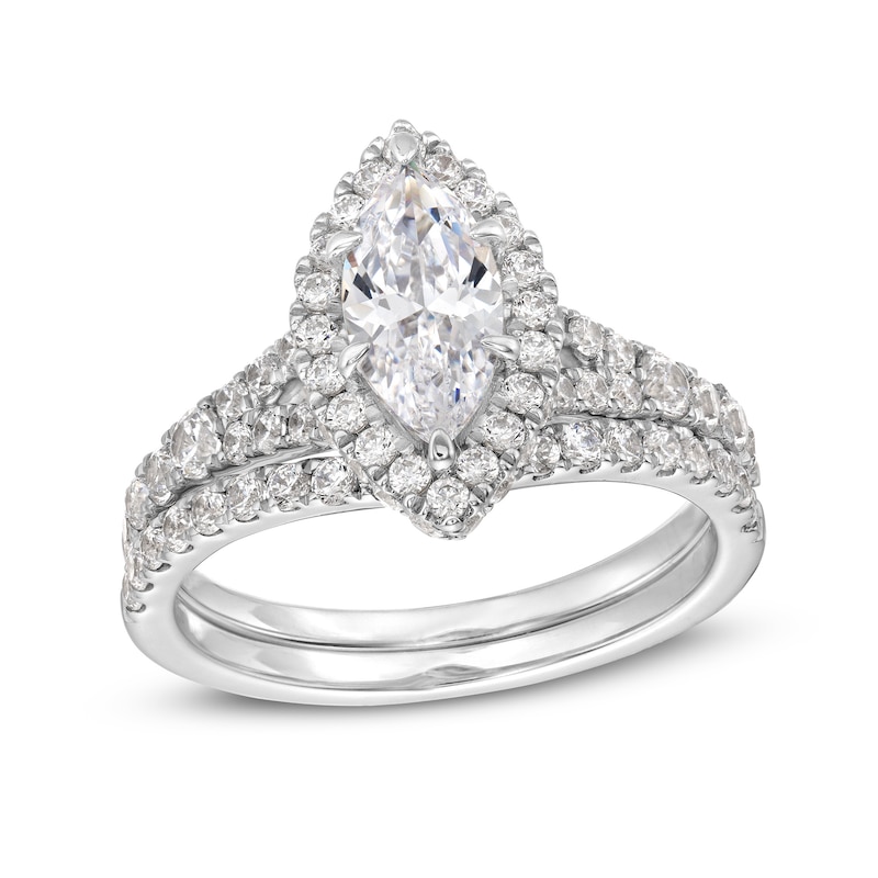 Main Image 1 of 1-7/8 CT. T.W. Marquise-Cut Lab-Grown Diamond Frame Split Shank Bridal Set in 14K White Gold (F/SI2)