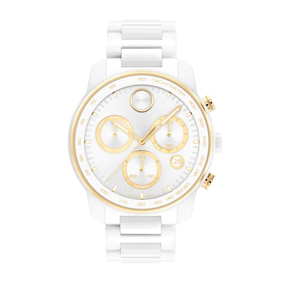 Men's Movado BoldÂ® White and Gold-Tone IP Chronograph Ceramic Watch with White Dial and Date Window (Model: 3601118)