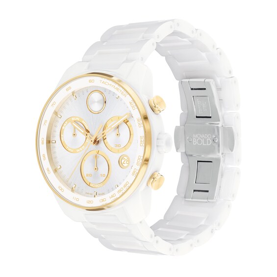 Men's Movado BoldÂ® White and Gold-Tone IP Chronograph Ceramic Watch with White Dial and Date Window (Model: 3601118)