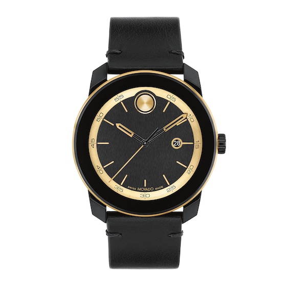 Men's Movado BoldÂ® Tr90 Black Strap Watch with Gold-Tone Dial and Date Window (Model: 3601130)