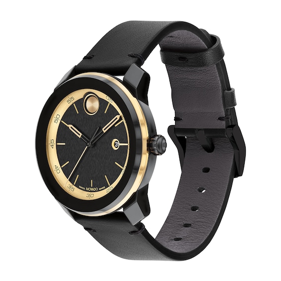 Men's Movado BoldÂ® Tr90 Black Strap Watch with Gold-Tone Dial and Date Window (Model: 3601130)