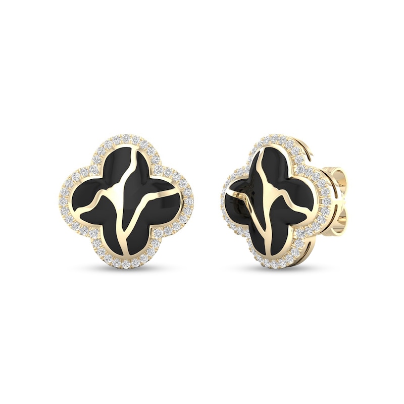 Main Image 1 of 1/4 CT. T.W. Diamond Edge Black Kintsugi-Style Clover Stud Earrings in 10K Gold with Ceramic
