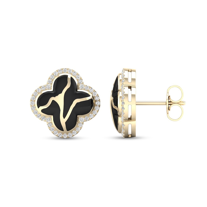 Main Image 2 of 1/4 CT. T.W. Diamond Edge Black Kintsugi-Style Clover Stud Earrings in 10K Gold with Ceramic