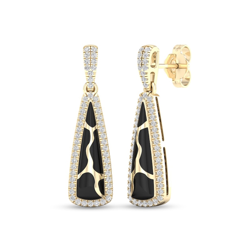 Main Image 1 of 1/4 CT. T.W. Diamond Edge Elongated Triangle Black Kintsugi-Style Drop Earrings in 10K Gold with Ceramic