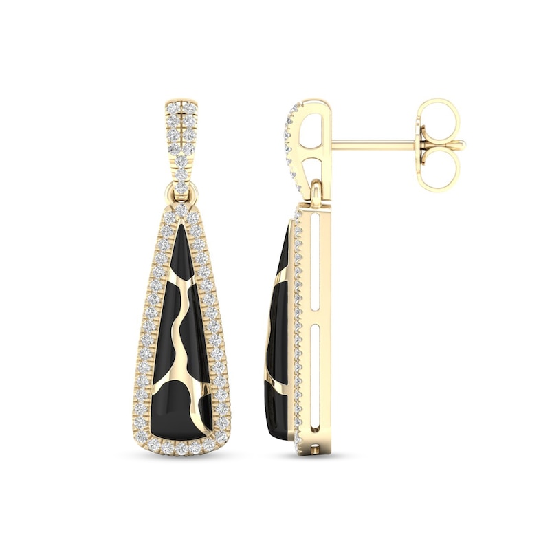 Main Image 2 of 1/4 CT. T.W. Diamond Edge Elongated Triangle Black Kintsugi-Style Drop Earrings in 10K Gold with Ceramic