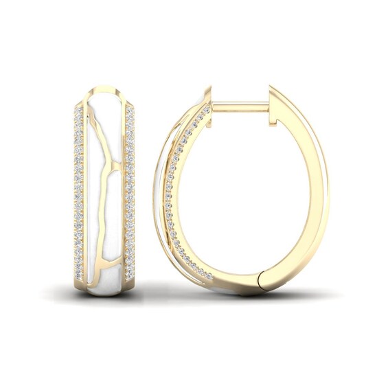 1/4 CT. T.w. Diamond Edge White Kintsugi-Style Hoop Earrings in 10K Gold with Ceramic