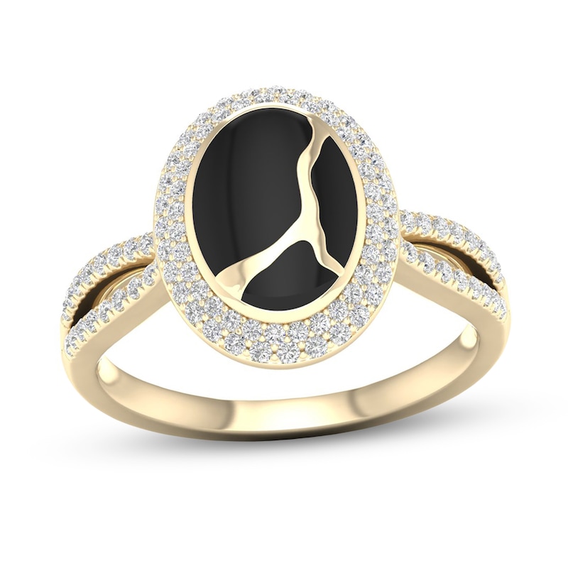 Main Image 1 of 1/3 CT. T.W. Diamond Edge Oval Black Kintsugi-Style Ring in 10K Gold with Ceramic